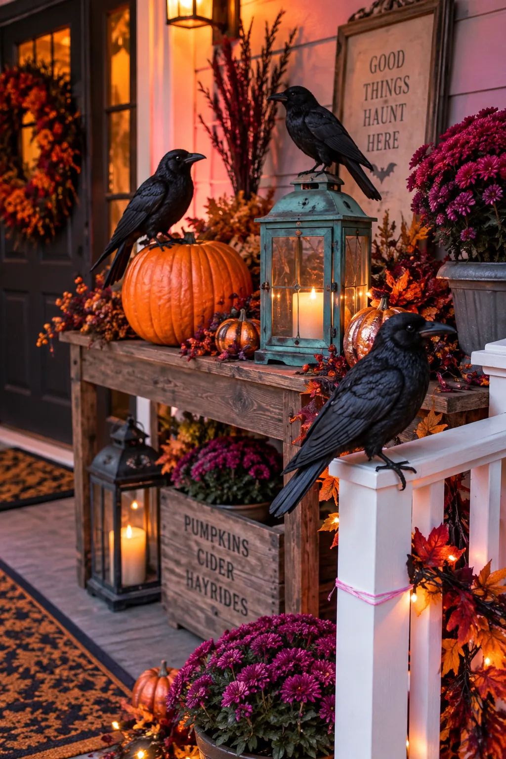 Three realistic black crows zip-tied to a front porch railing and overhead light fixture.