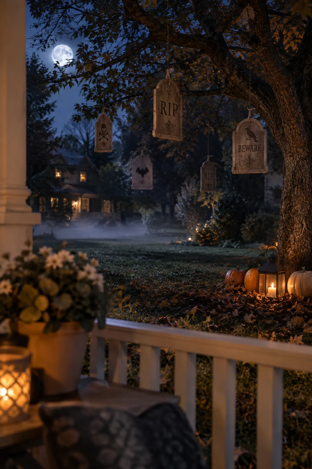 Foam tombstones hanging from tree branches with invisible fishing line over a leaf-covered lawn.