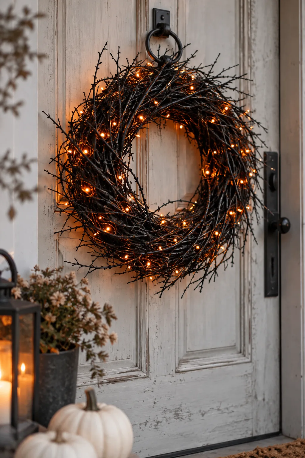 Black twig wreath wrapped in orange fairy lights hanging on a front door.