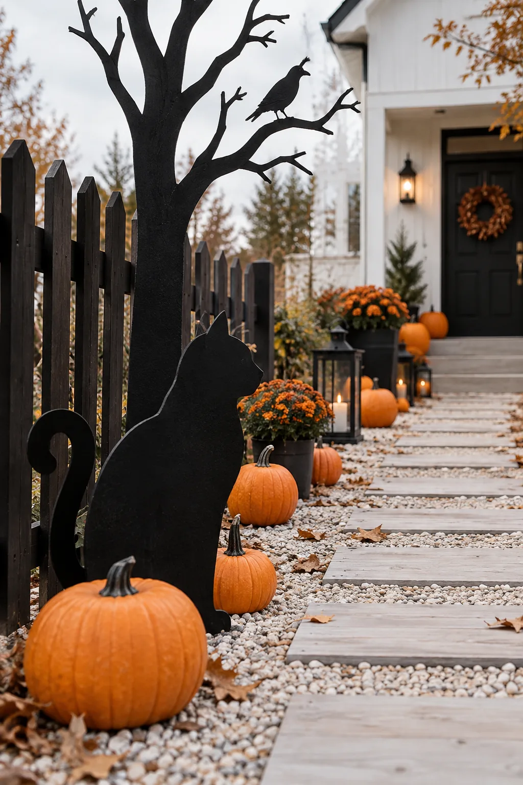 Front yard decorated exclusively with matte black silhouettes and natural orange pumpkins.