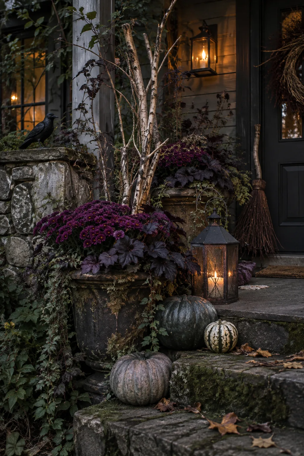 Porch planters filled with dark purple mums, burgundy foliage, and crooked birch branches.