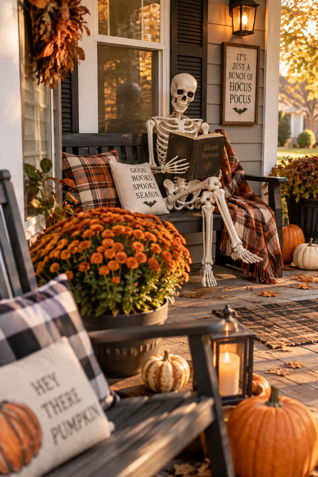 Life-sized skeleton sitting casually on a porch bench reading a vintage book.