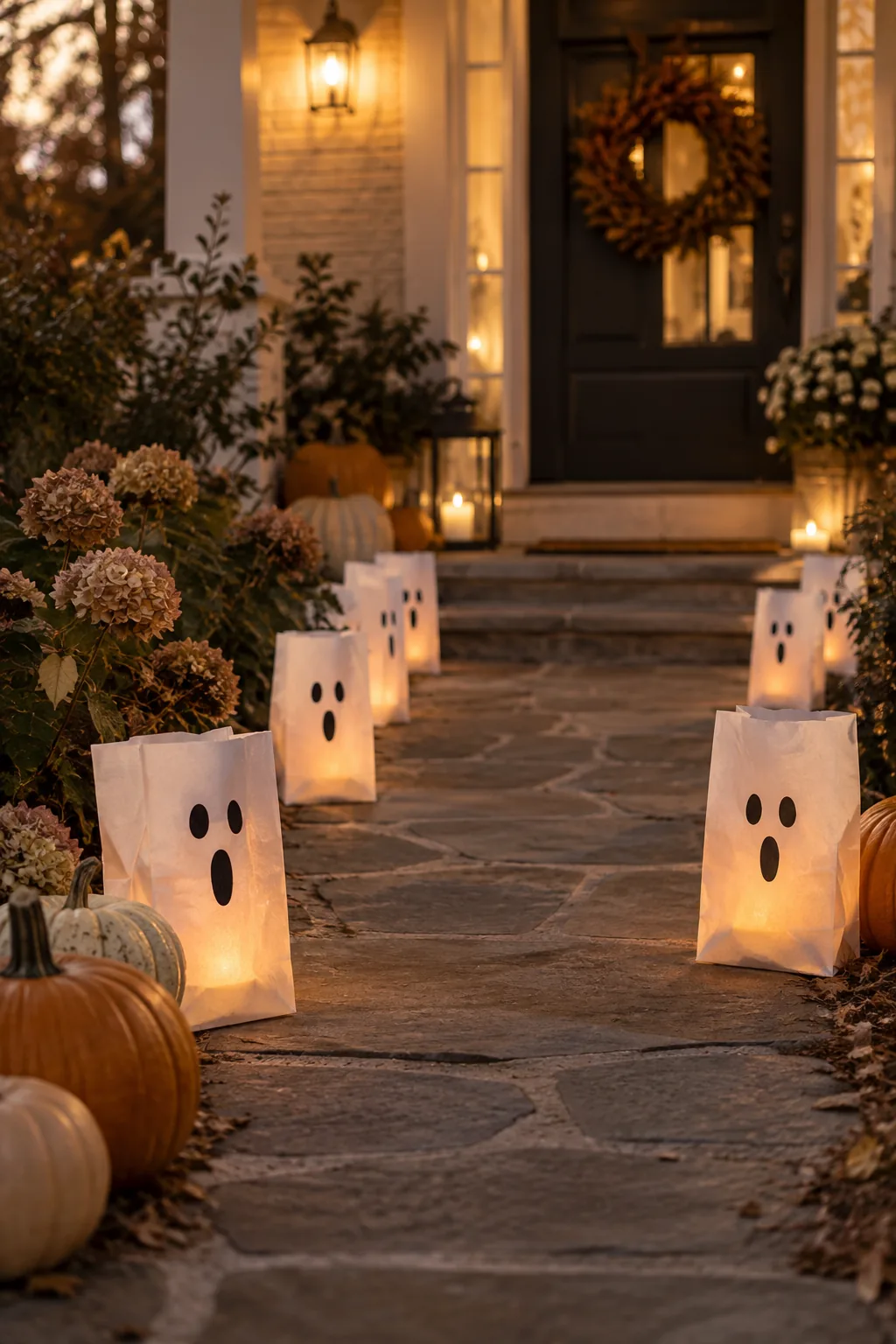 Front walkway lined with glowing white paper bag ghost luminaries at night.
