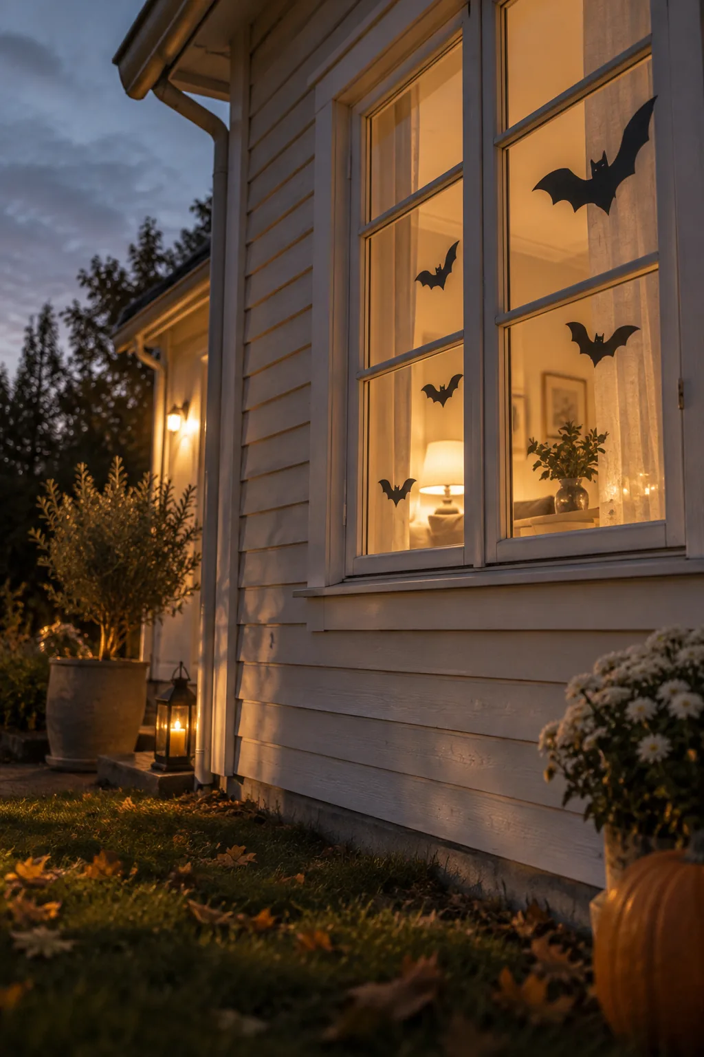 Black bat silhouettes taped inside a living room window, glowing from the interior lights.