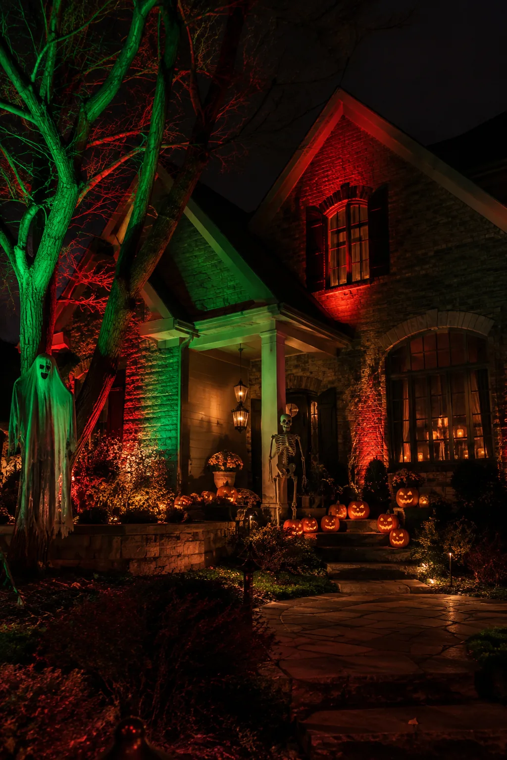 Exterior of a house illuminated by creepy green LED spotlights focusing on a pumpkin display.