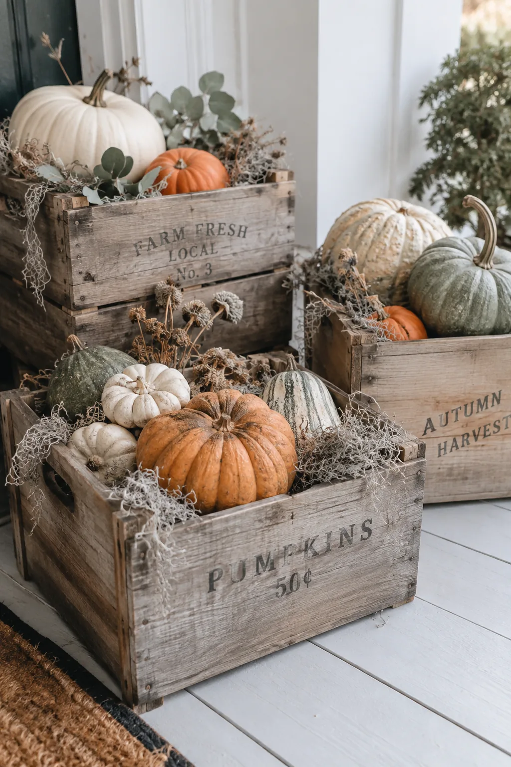Three vintage wooden crates clustered on a porch with gourds and faux Spanish moss spilling out.