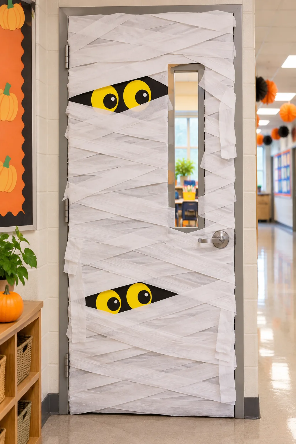 A classroom door decorated as a mummy using overlapping white crepe paper strips.