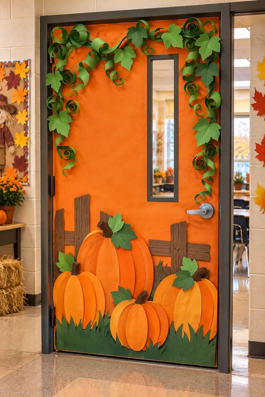 A classroom door covered in orange paper with 3D green paper vines at the top.