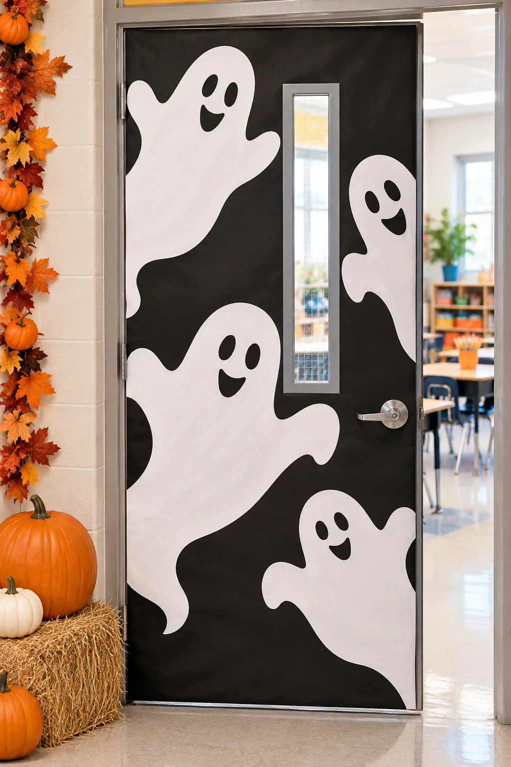 A classroom door with large white paper ghosts on a black background.