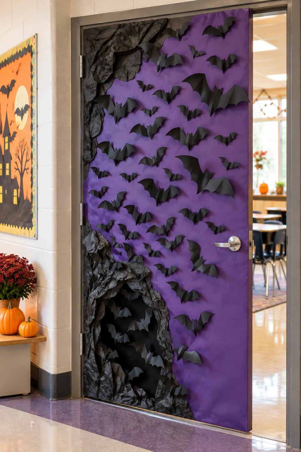 A classroom door covered in purple paper with a swarm of 3D black paper bats.