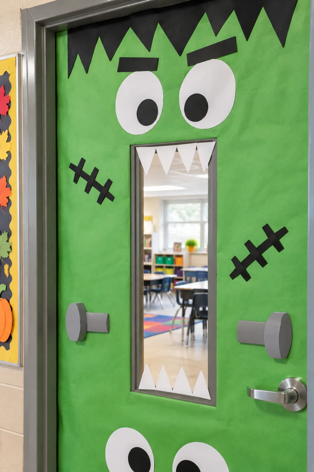 The top corner of a classroom door showing green paper wrapped cleanly over the metal edge.