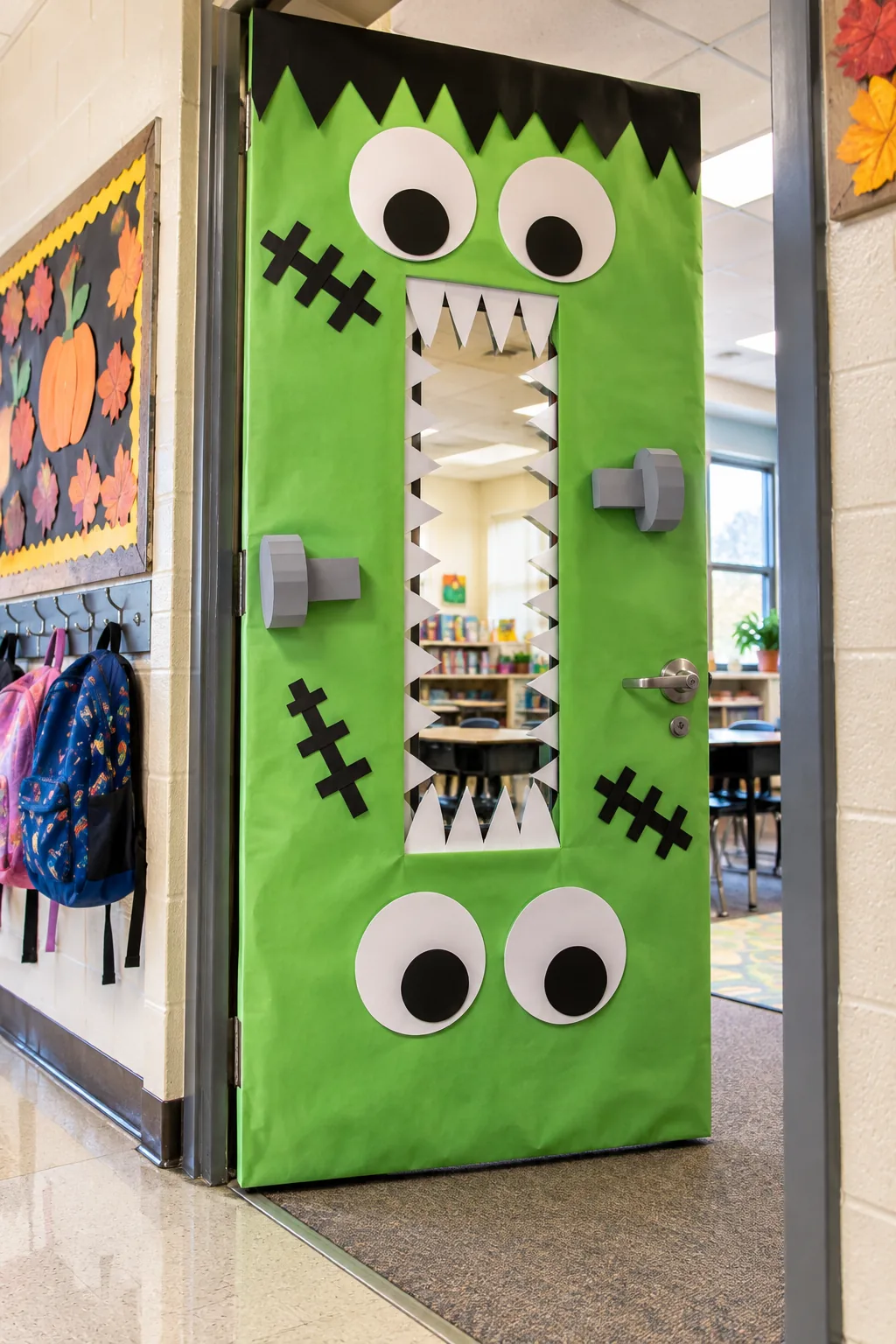 A classroom safety window framed with white paper teeth, looking into a bright classroom.