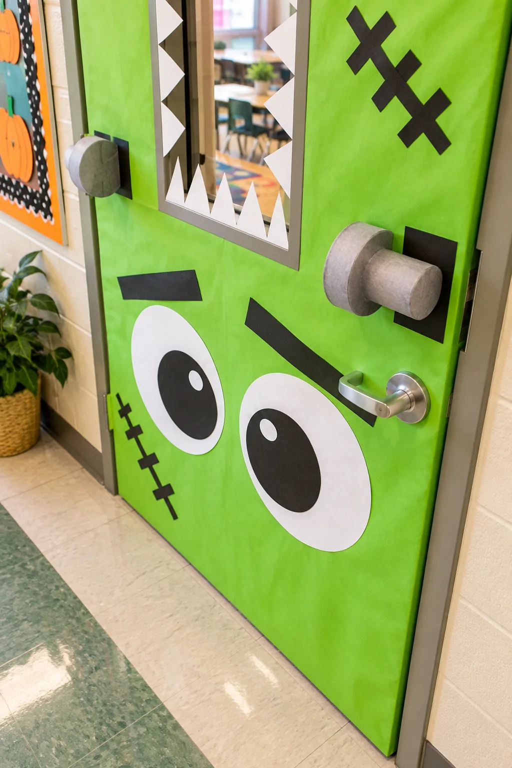 Close-up of black paper stitches and a grey neck bolt attached to a green door.