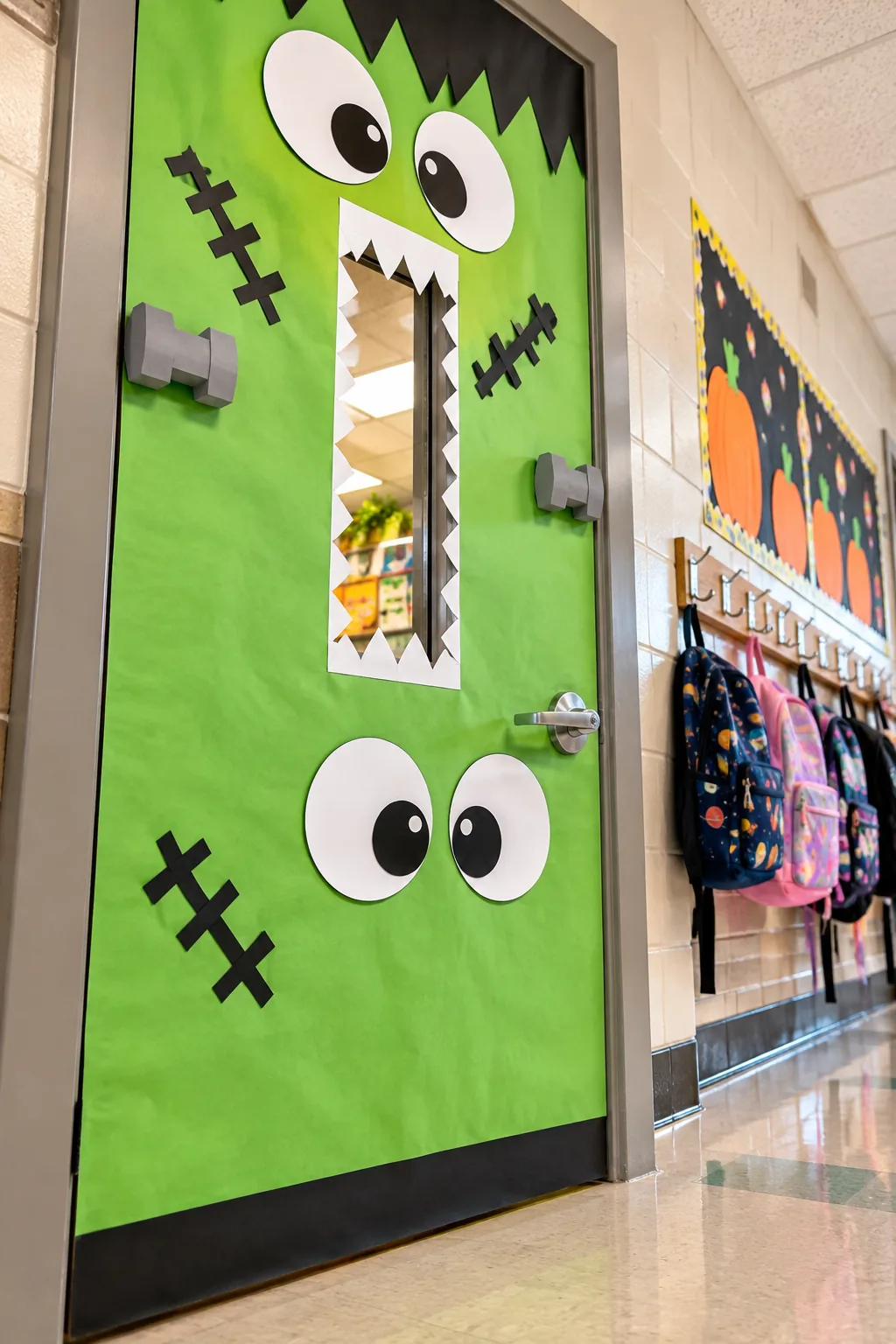 The lower half of a green monster door showing large paper eyes near the doorknob.