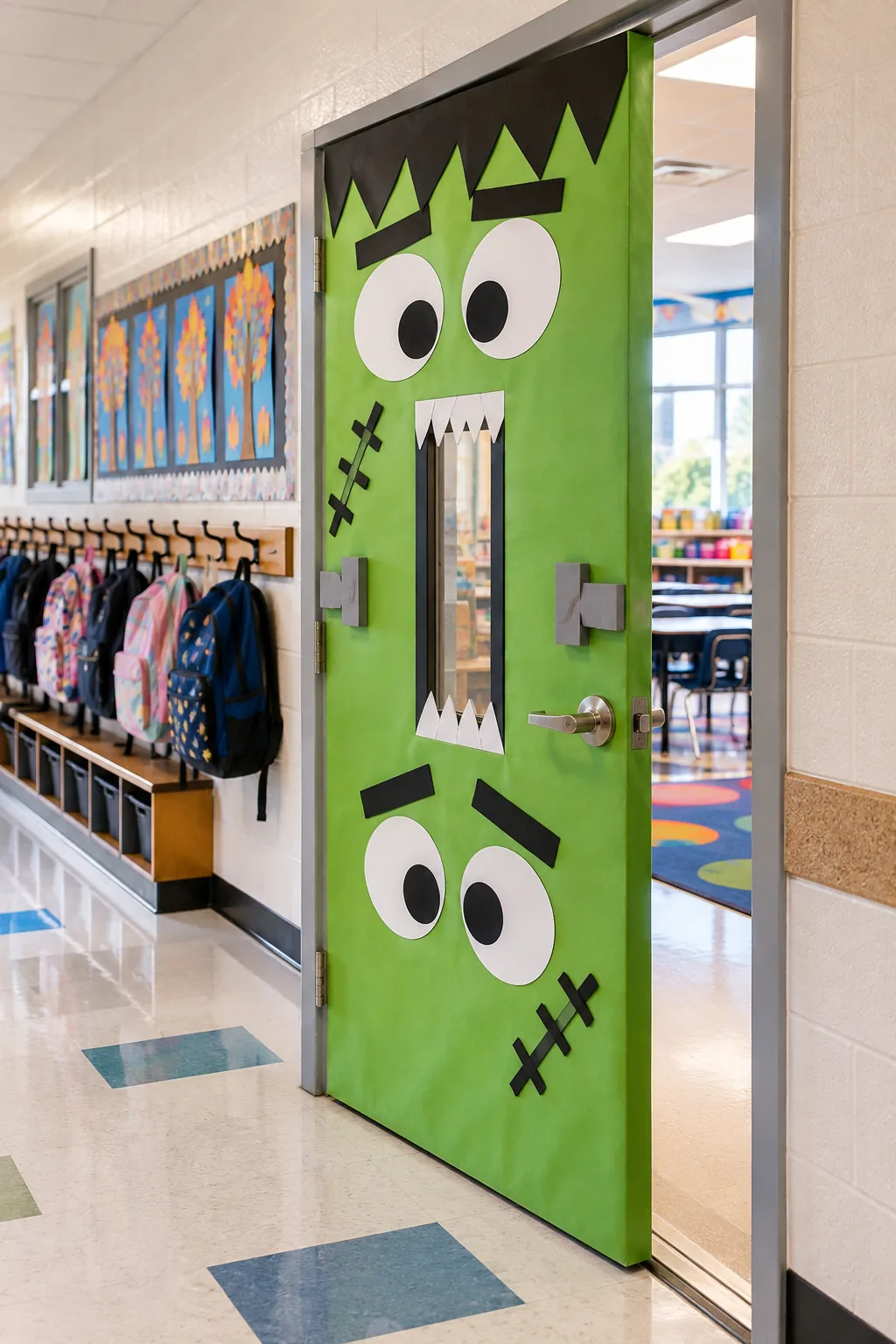 A fully decorated green Frankenstein door in a school hallway next to hanging backpacks.