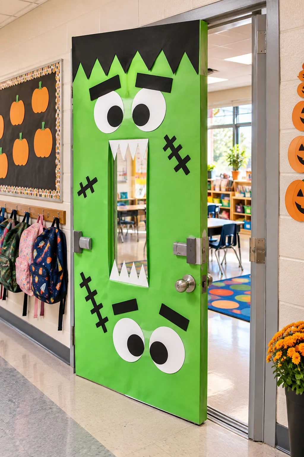 A slightly ajar decorated classroom door showing a clean metal frame and neatly wrapped paper edge.