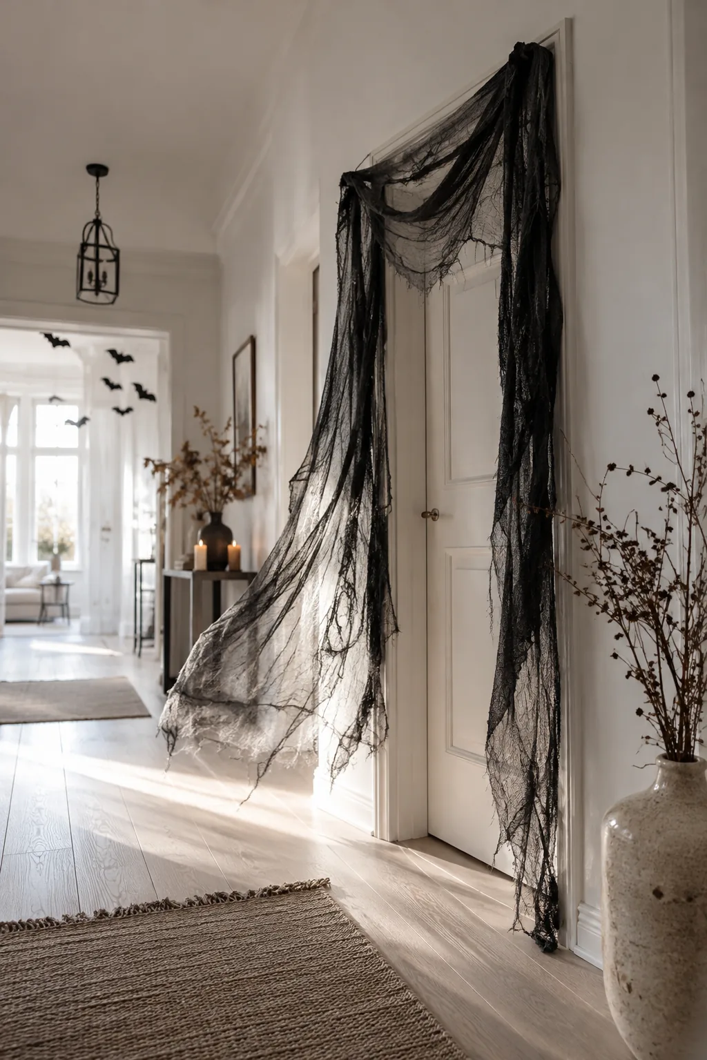 Front door draped in tattered black cheesecloth and faux spiderwebs