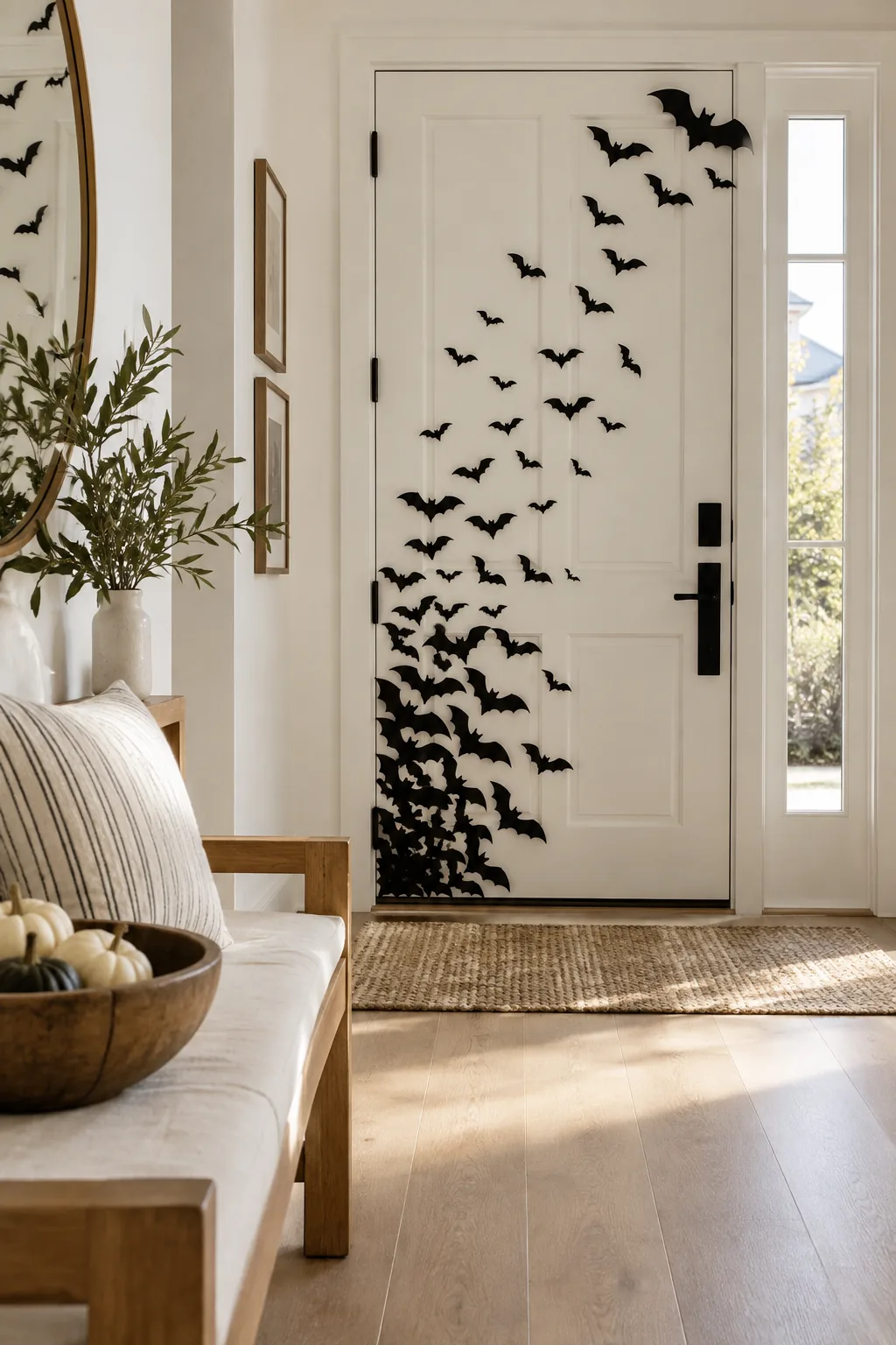 White front door decorated with a swarm of black paper bats