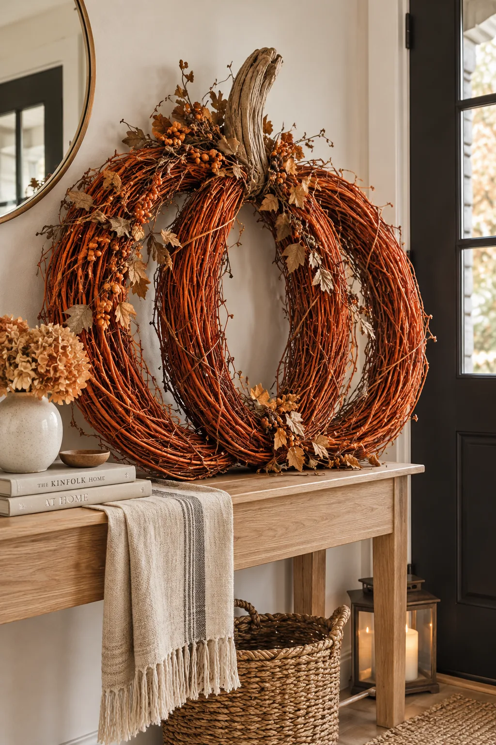 Three orange grapevine wreaths stacked on a door to look like a pumpkin