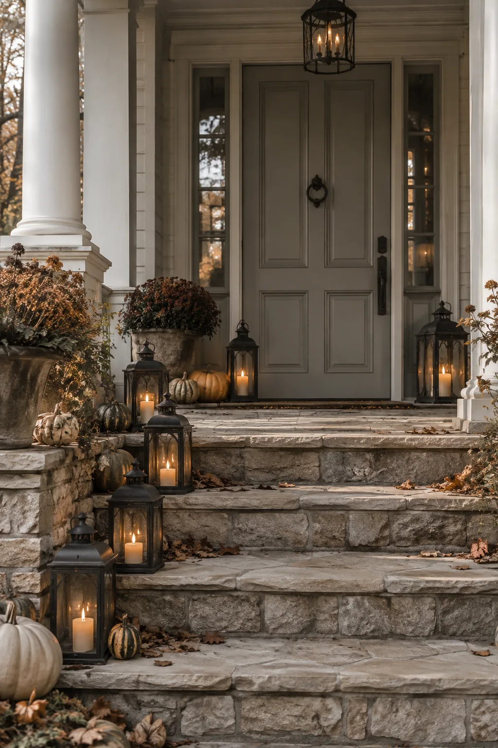 Vintage lanterns with flicker candles staggered on front porch steps
