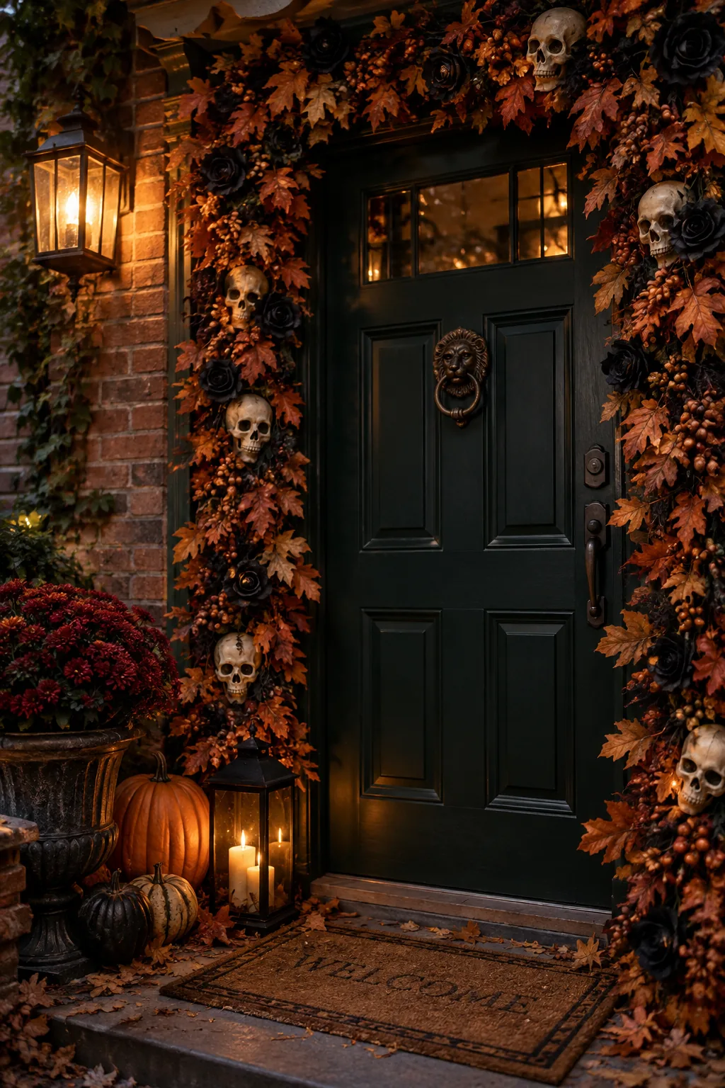 Thick autumn garland woven with plastic skulls around a door frame