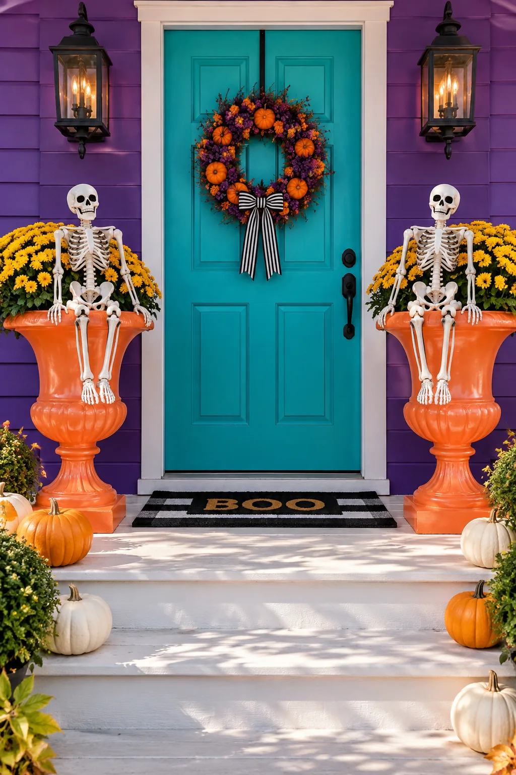 Two identical black planters flanking a door, each holding a plastic skeleton