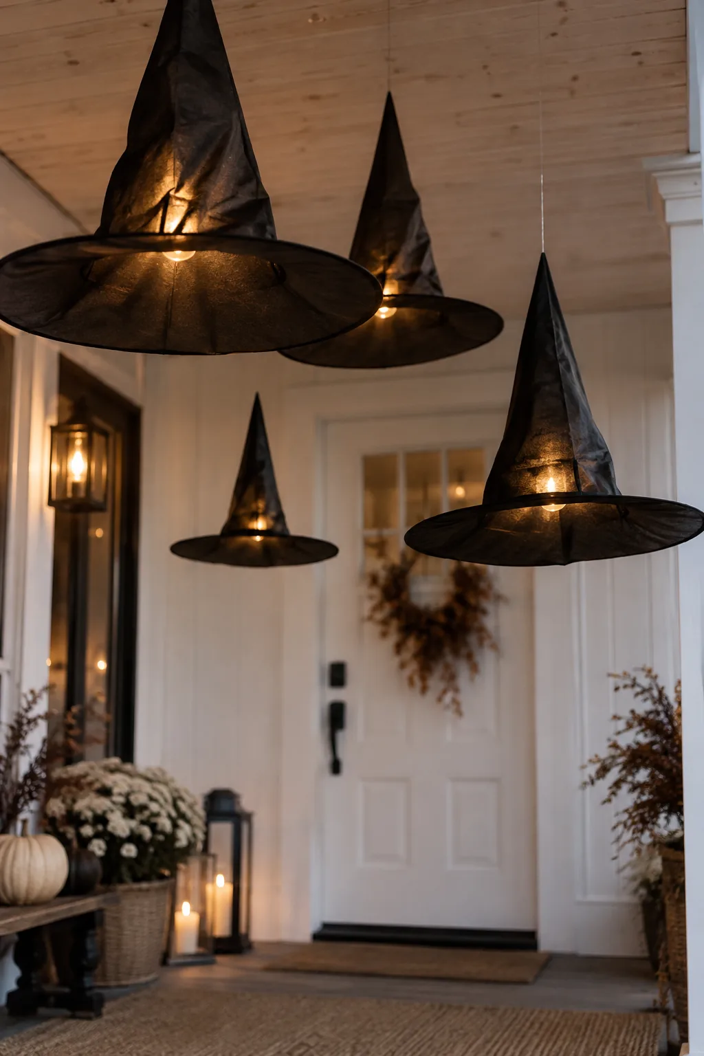 Black witch hats hanging from a porch ceiling by clear fishing line
