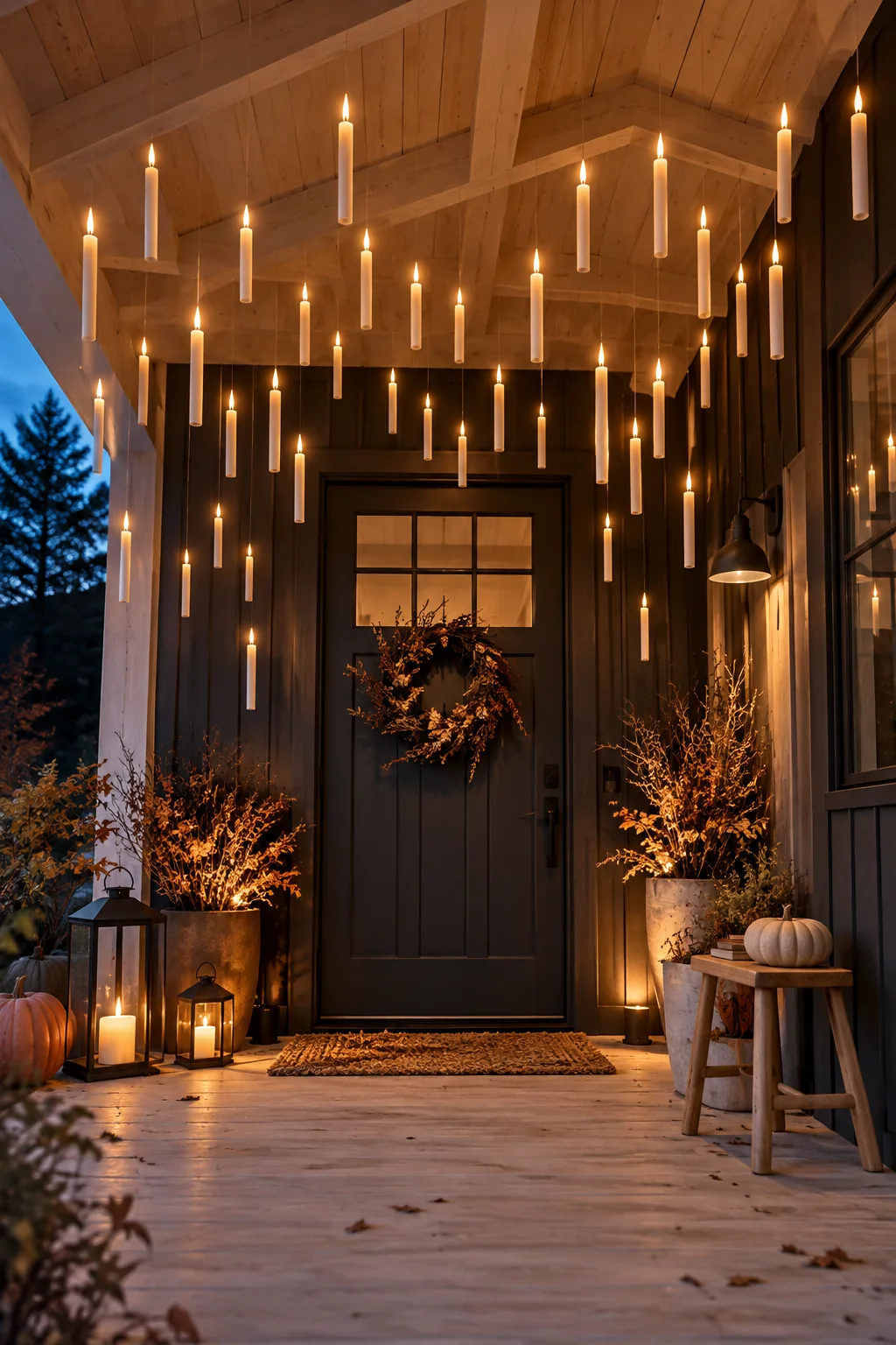 Battery-operated taper candles suspended by clear thread in front of a door