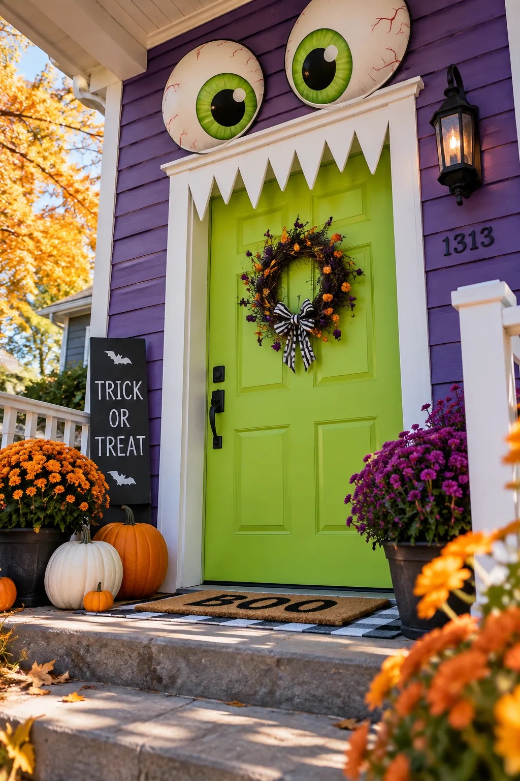 Front door decorated with giant foam board monster eyes and teeth