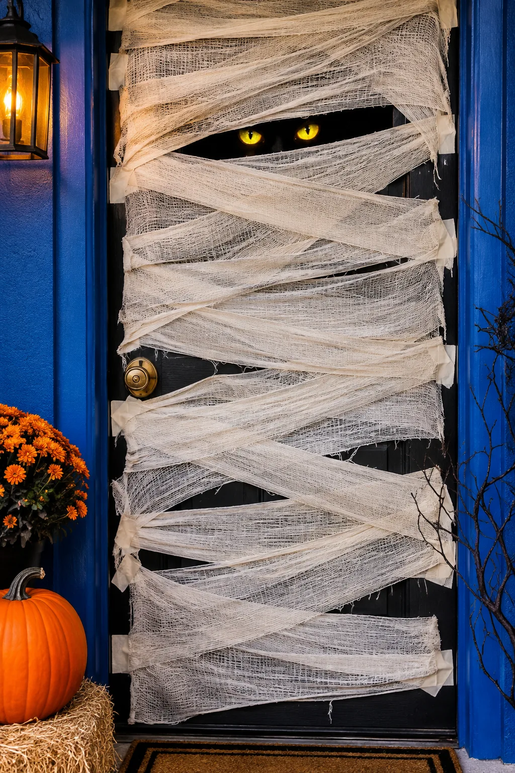 Front door wrapped in medical gauze with two glowing yellow eyes peeking out