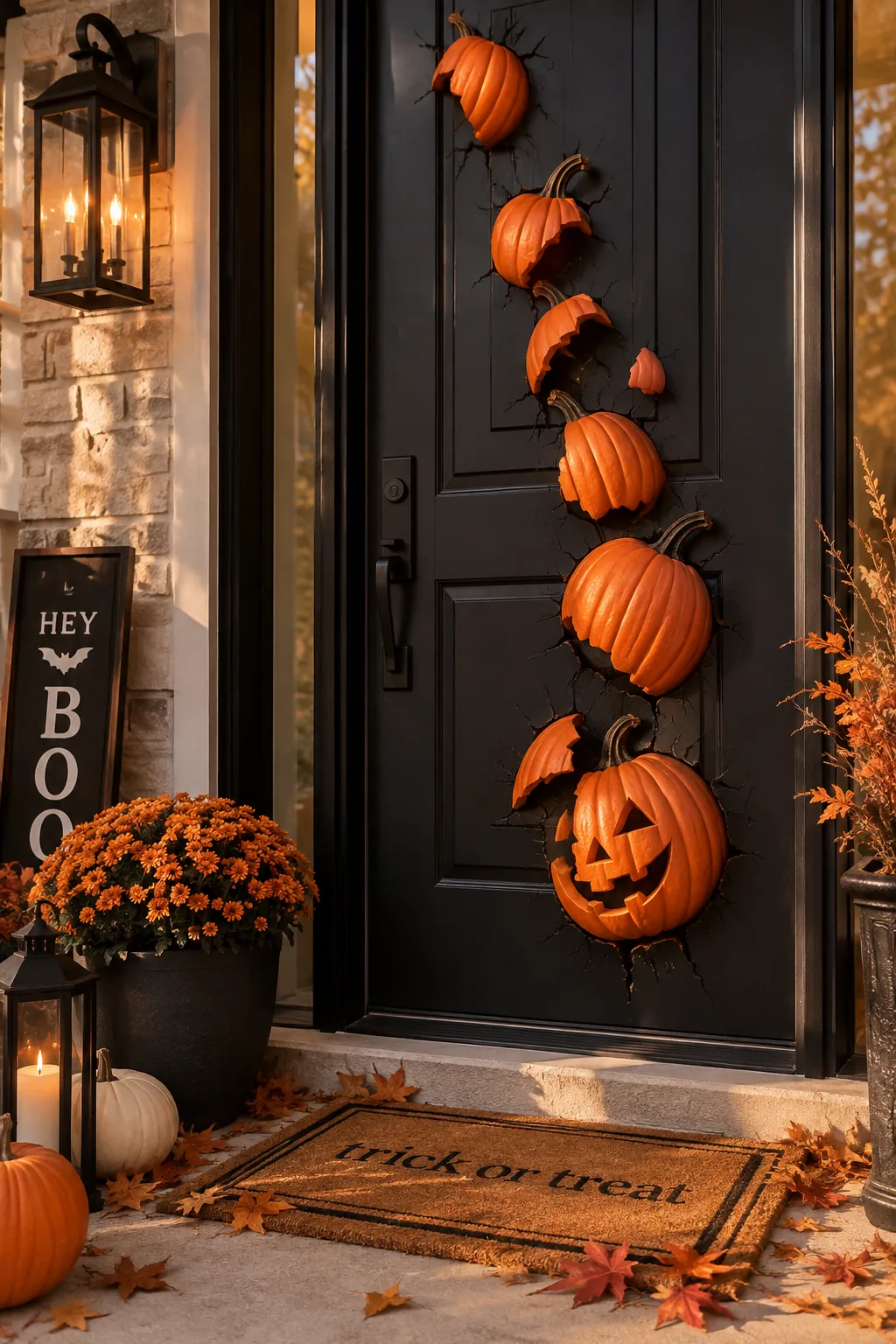 Half-cut orange foam pumpkins stuck to a dark front door in a cascading pattern