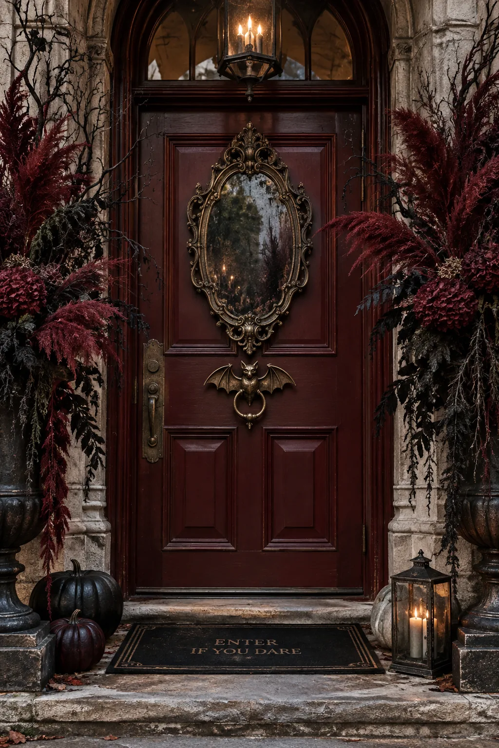 Door framed with dark red pampas grass and an antique mirror hanging in the center