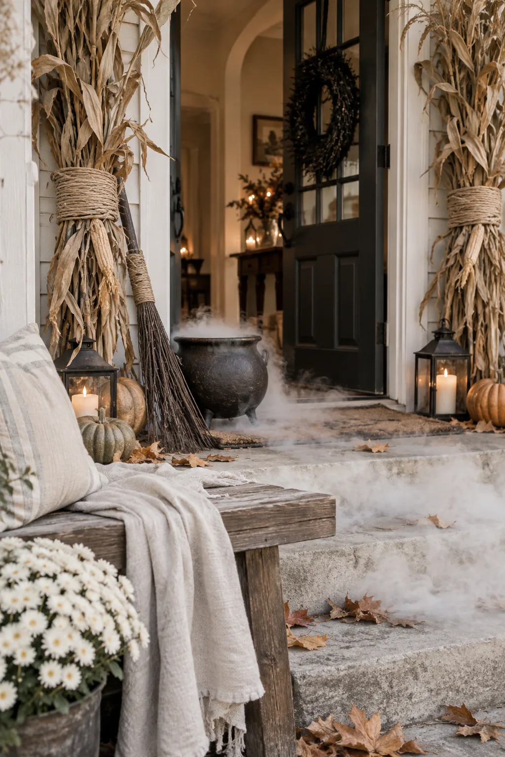 Front door flanked by dried corn stalks, a twig broom, and a cauldron