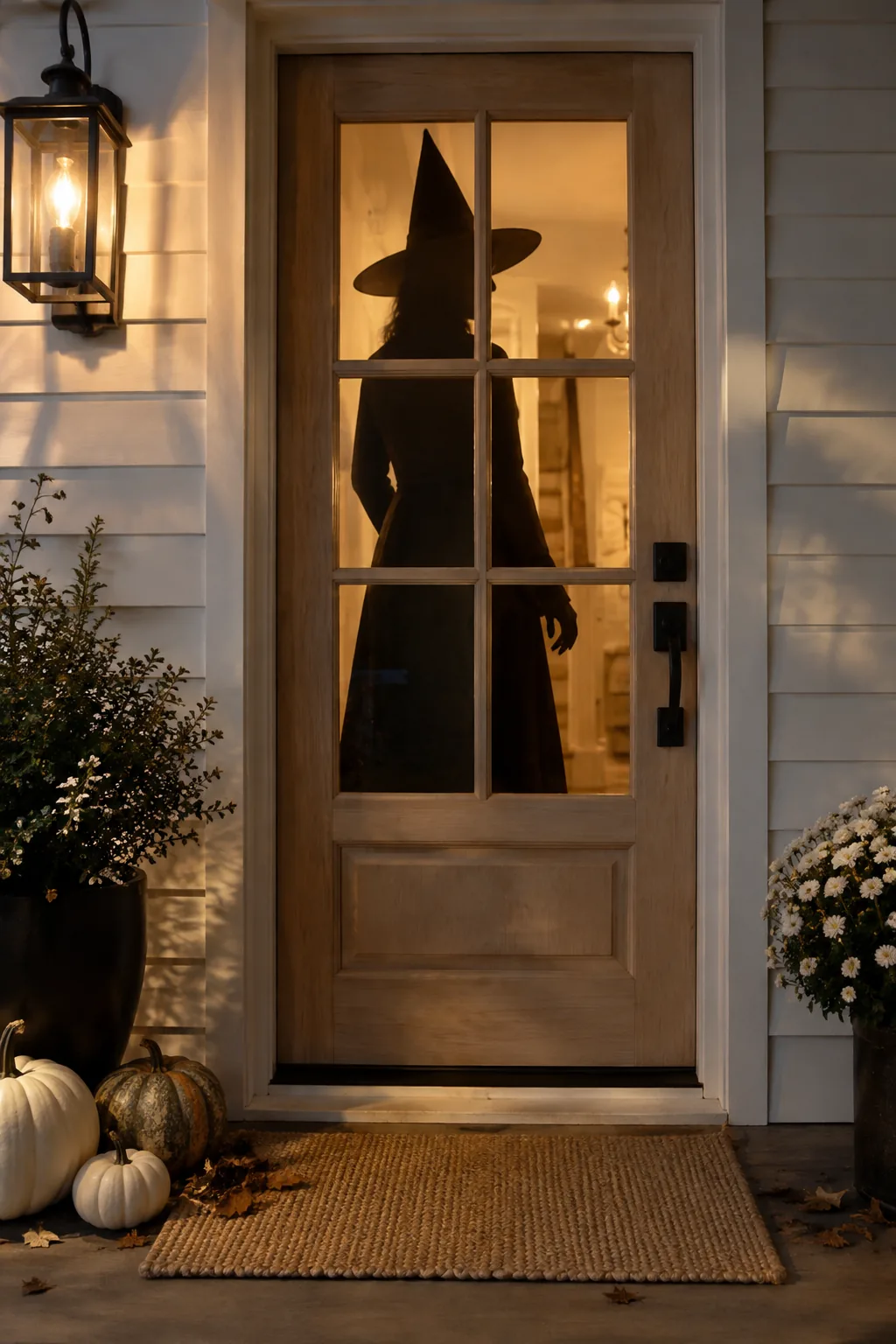 Black paper silhouette of a shadowy figure taped to a glass front door