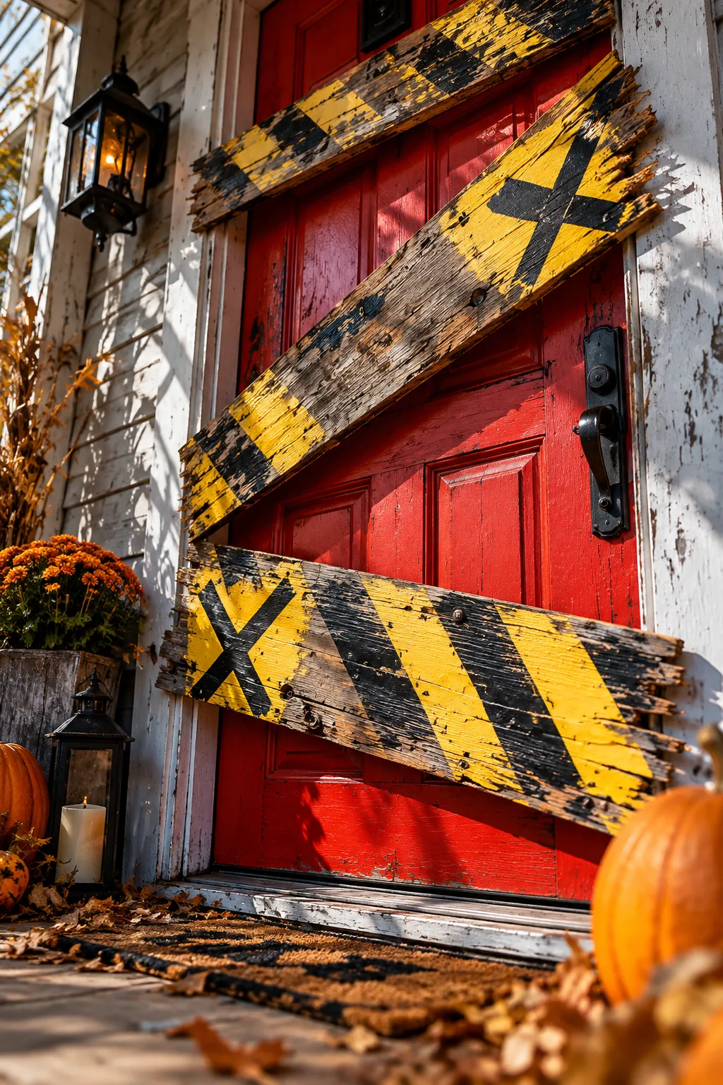 Jagged wooden planks painted with Keep Out signs nailed across a door frame