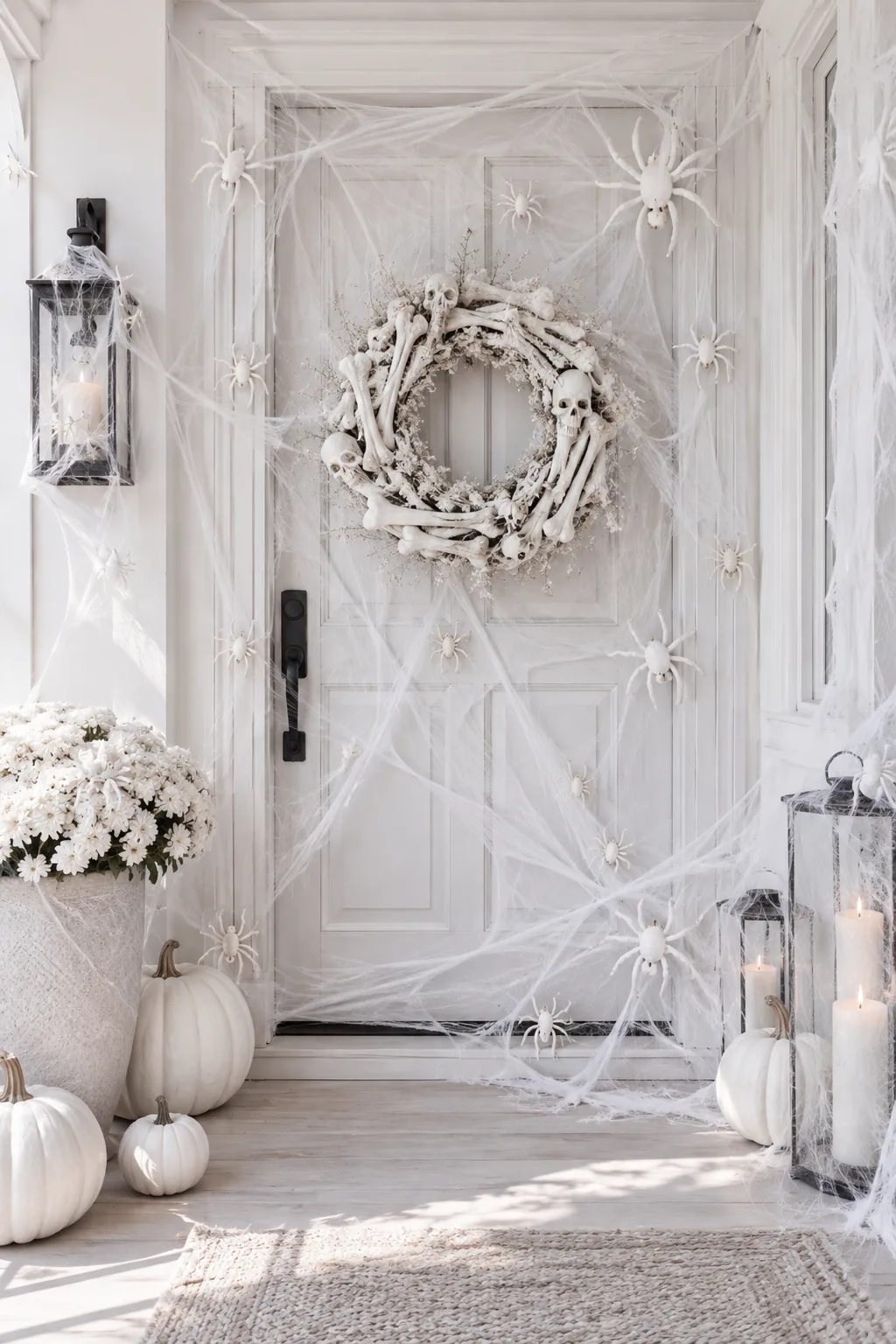 Front door covered in white spiderwebs, white spiders, and a bleached bone wreath