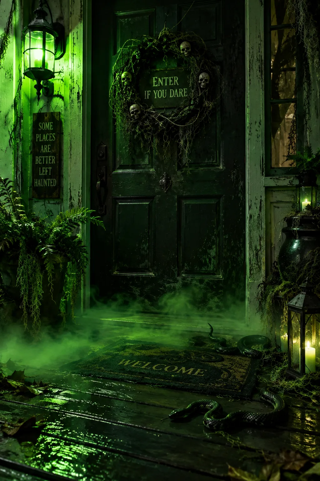Front door illuminated by toxic green porch lights with plastic snakes on the mat
