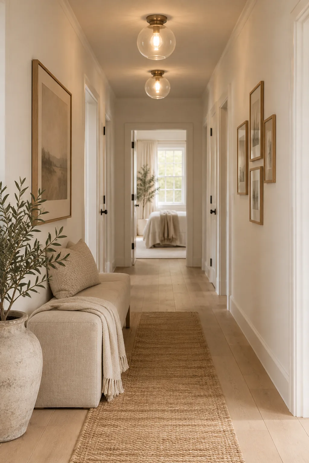 A narrow white hallway featuring three clear glass globe flush mount lights on the ceiling.