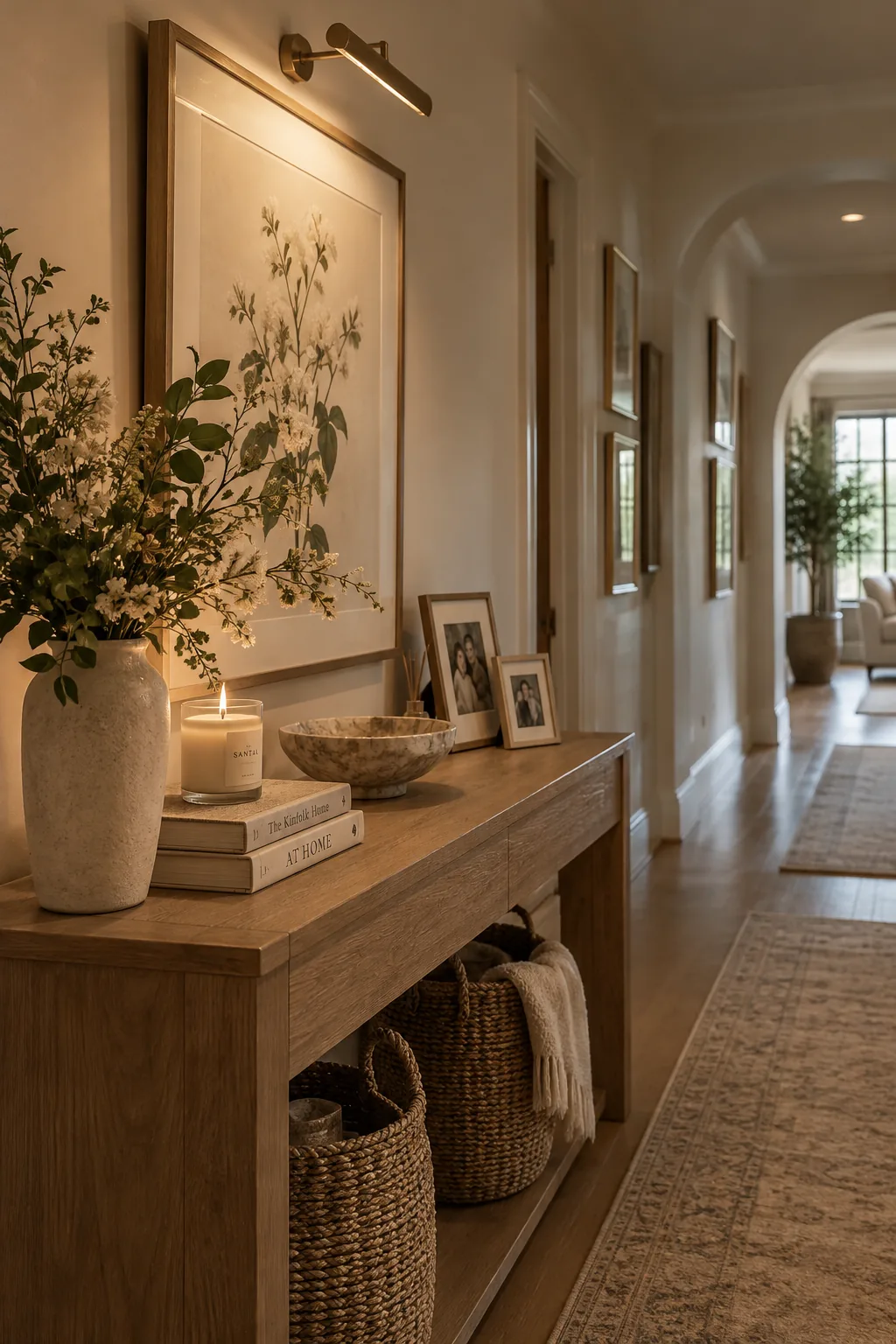 A long hallway wall decorated with framed art, illuminated by brass picture lights mounted above each frame.
