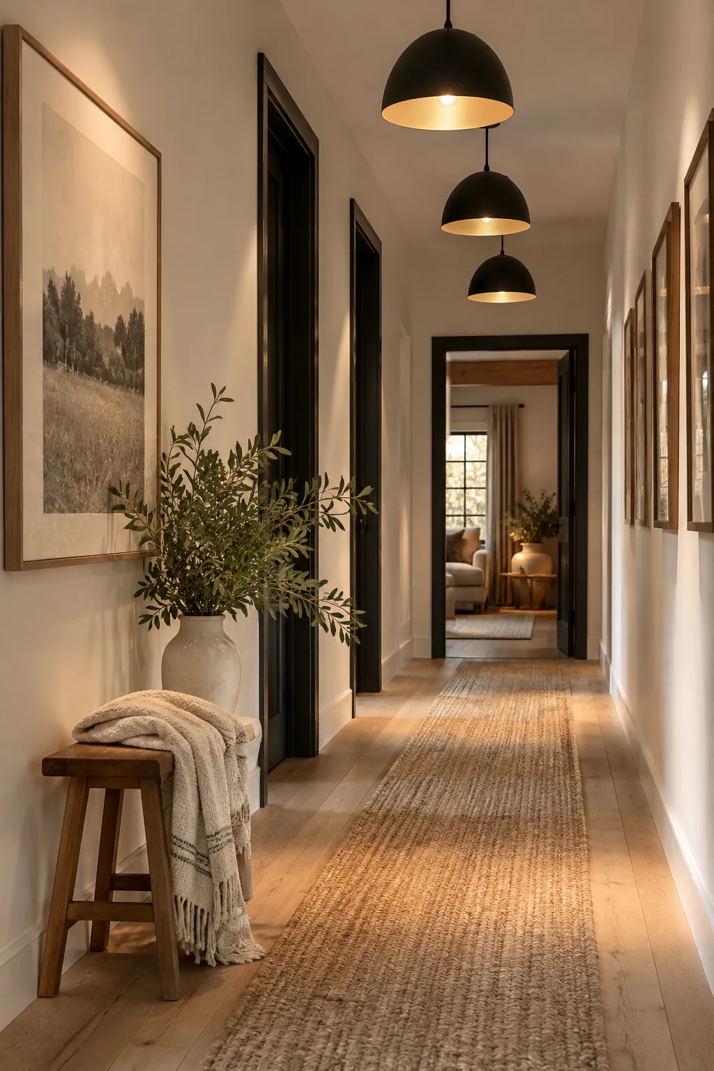 Three identical matte black pendant lights spaced evenly down a long, white hallway.