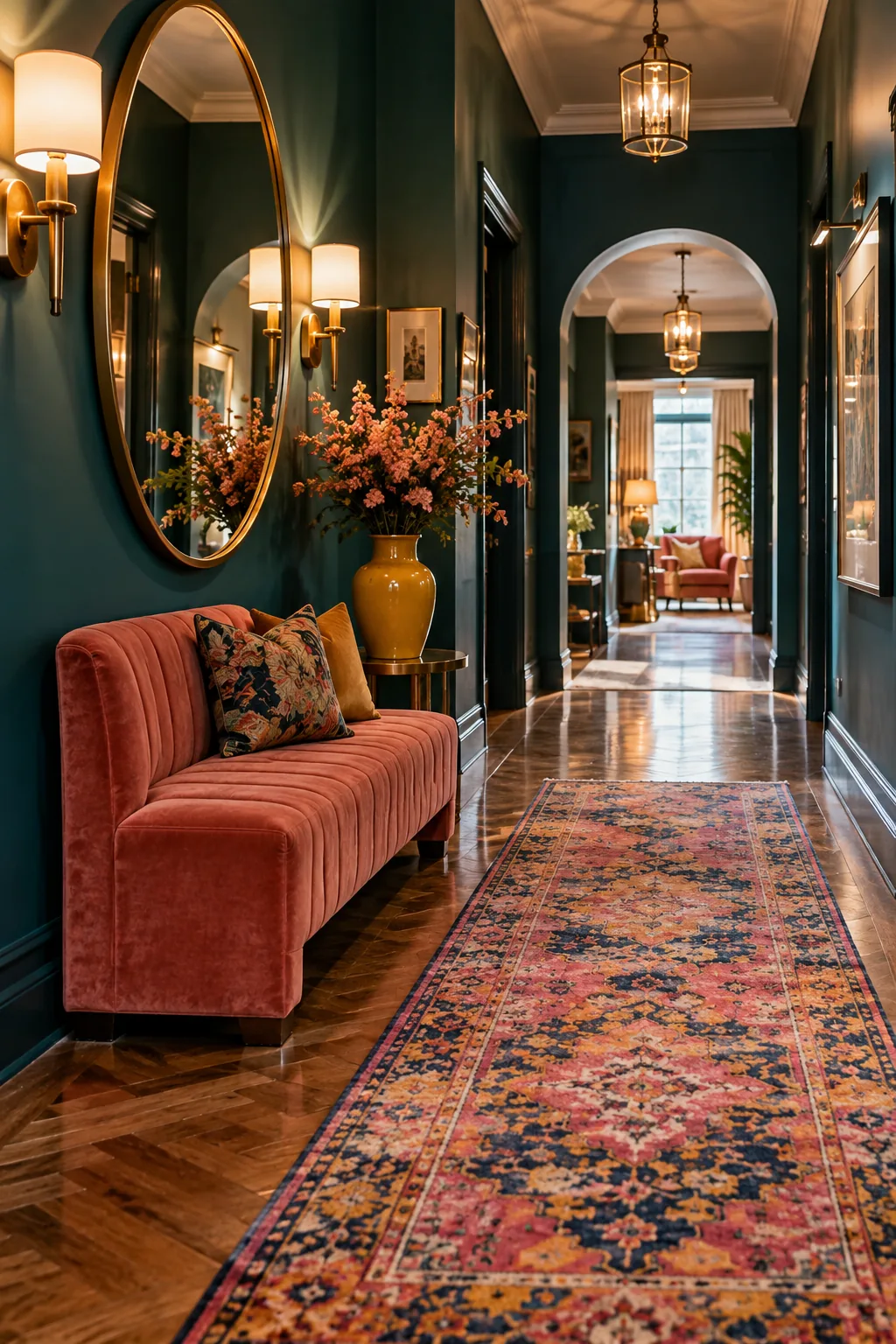 A wide hallway featuring a large floor mirror flanked by two elegant wall sconces with fabric shades.