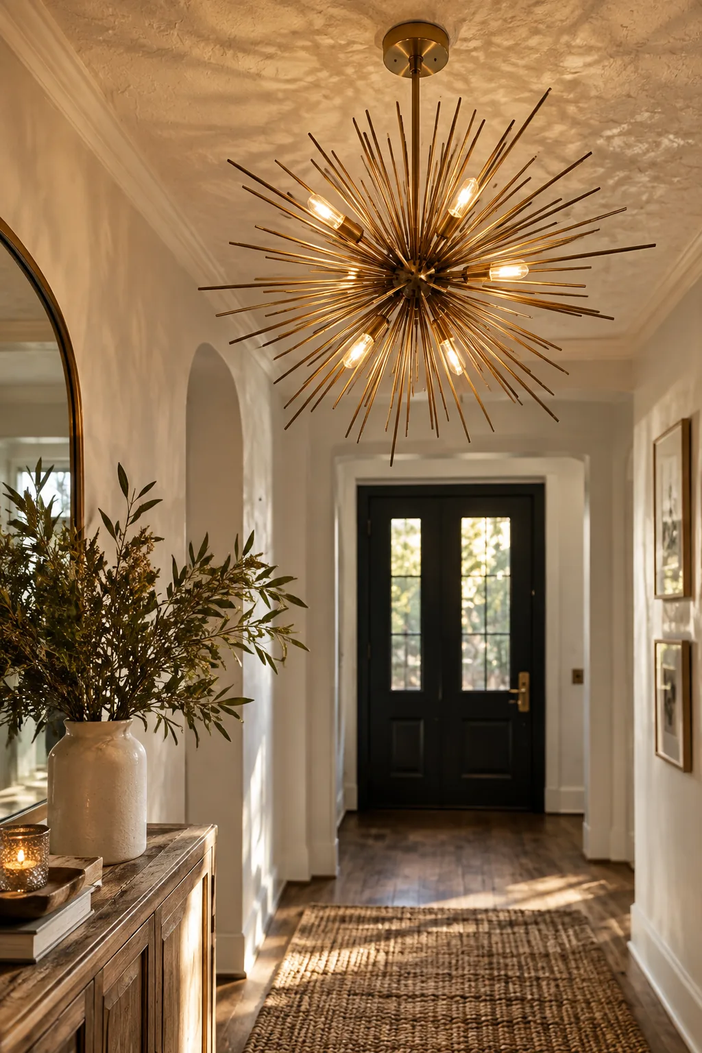 A brass starburst chandelier hanging in a small entryway hallway over a simple runner rug.