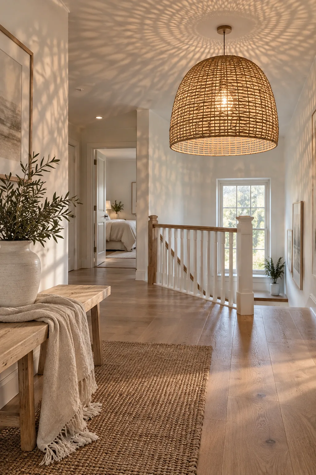 An upstairs hallway landing featuring a large woven rattan basket light fixture casting shadows on the walls.