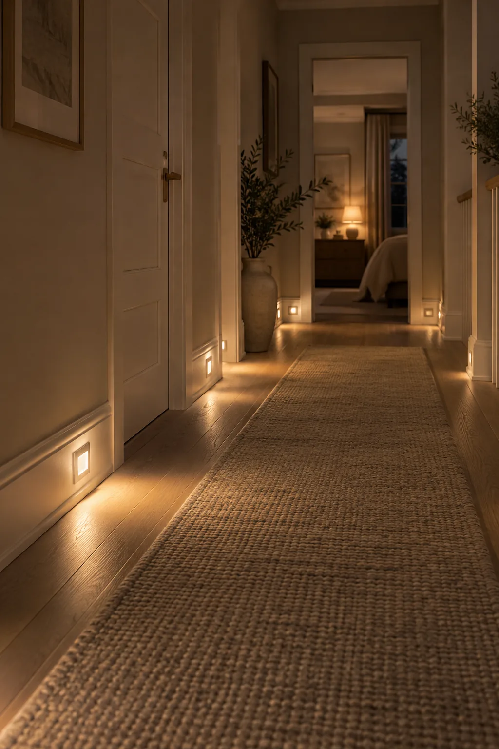 A dark hallway illuminated by small, warm LED lights built into the baseboards near the floor.