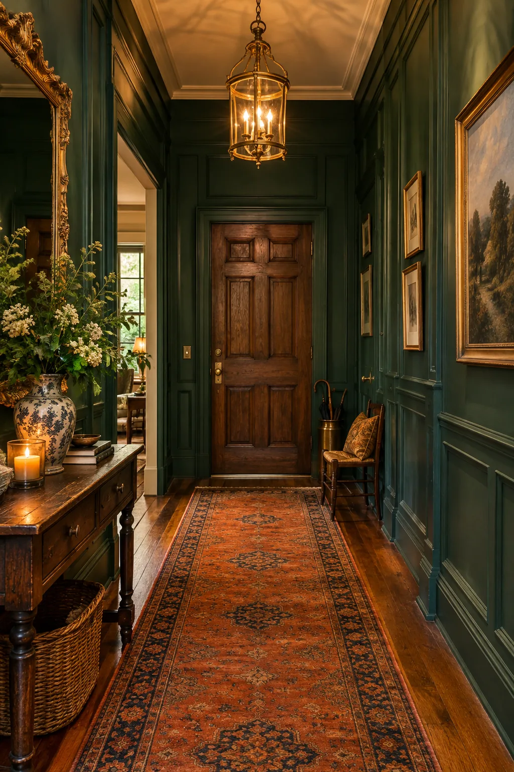 A hallway in an older home featuring two hanging vintage brass lanterns with clear glass panels.