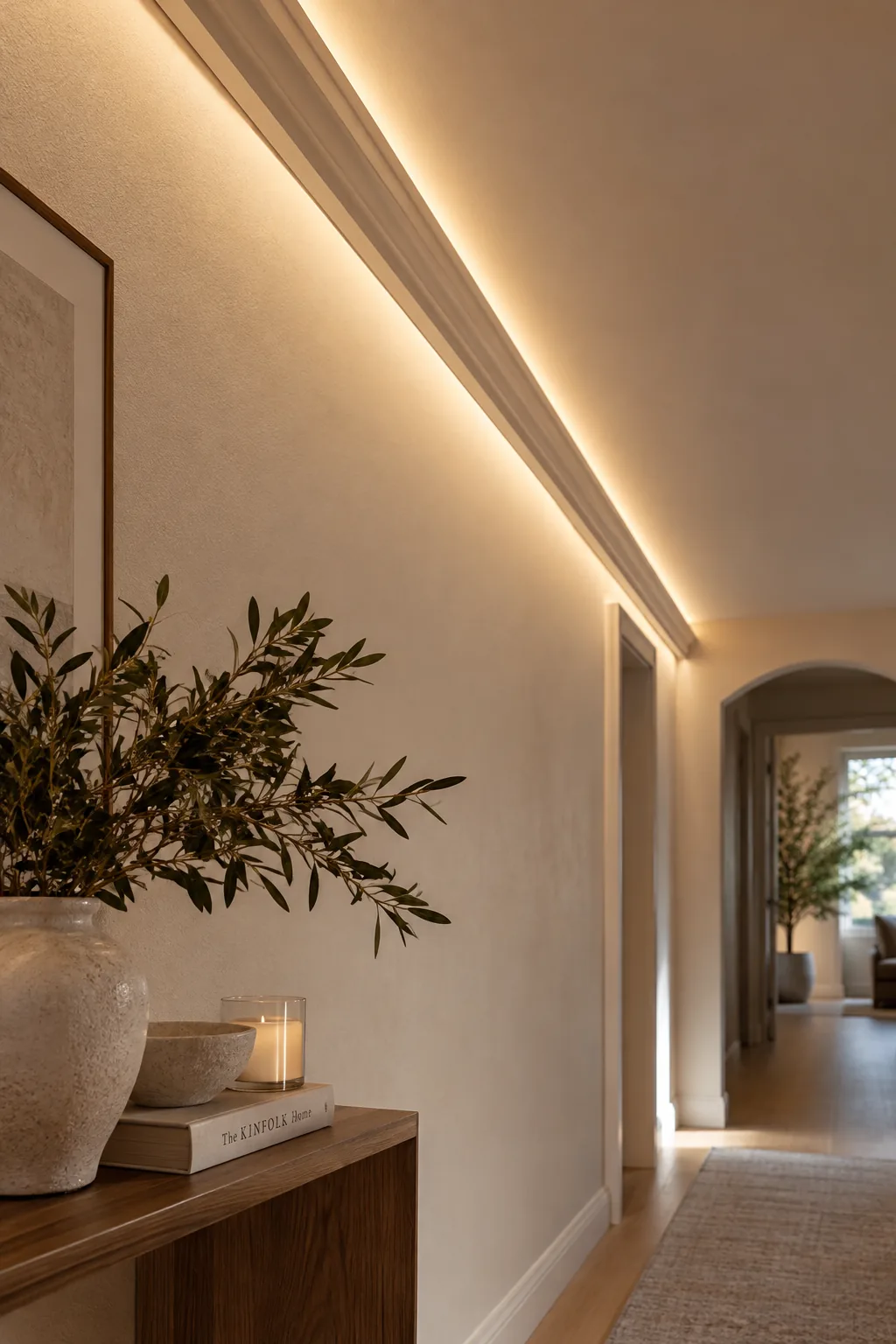 A modern hallway with a soft glow of LED light coming from behind the crown molding.