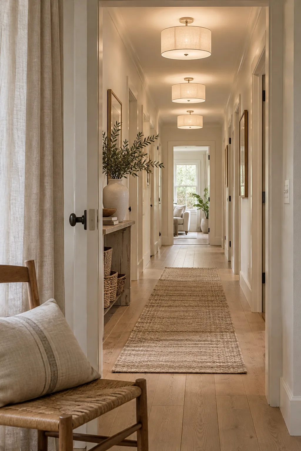 A well-lit hallway featuring white linen drum shade flush mounts spaced evenly along the ceiling.
