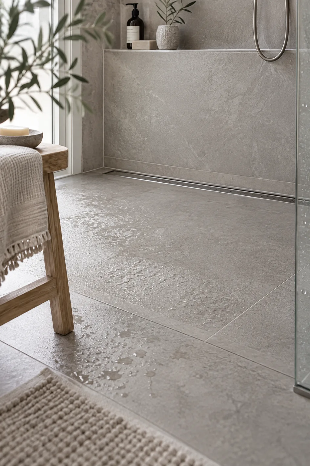 Bathroom with continuous floor tile flowing directly into a curbless shower area