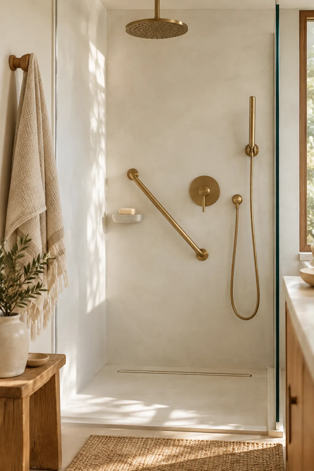 Modern matte black grab bars installed in a bright white tiled shower