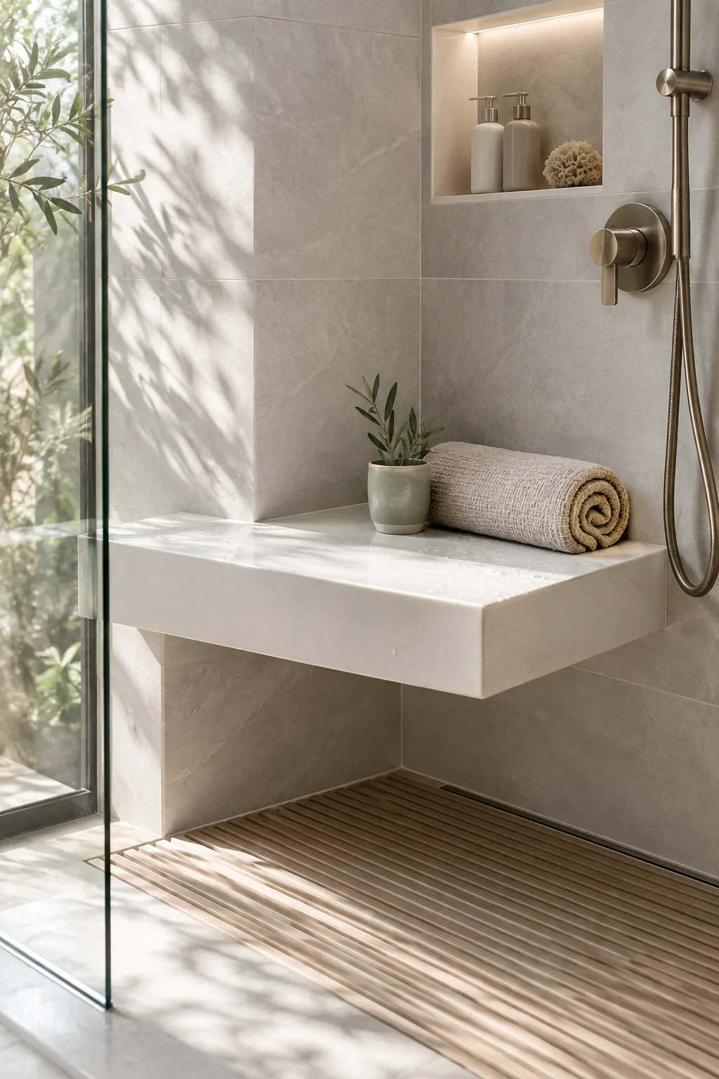 Floating shower bench topped with a solid slab of white quartz